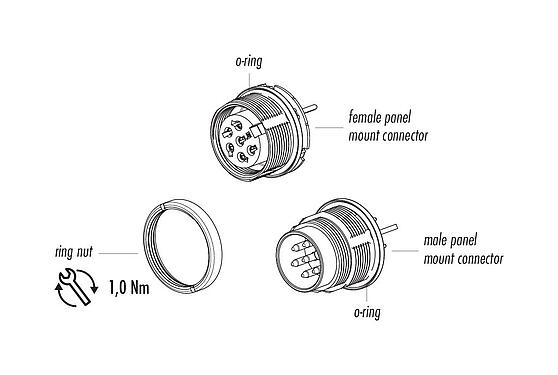 Component part drawing 09 0127 290 07 - M16 Male panel mount connector, Contacts: 7 (07-a), shieldable, THT, IP68, UL, front fastened