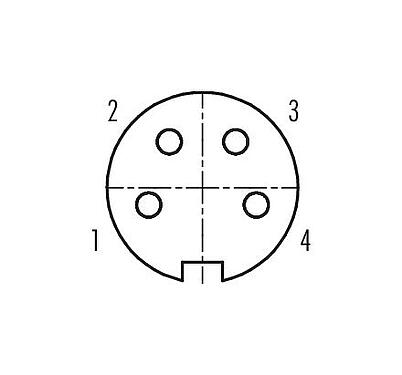 Disposition des contacts (Côté plug-in) 99 5610 15 04 - M16 Connecteur femelle, Contacts: 4 (04-a), 6,0-8,0 mm, blindable, souder, IP67, UL