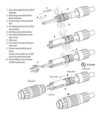 装配说明 99 4833 00 12 - Push Pull 直头针头电缆连接器, 极数: 12, 4.0-8.0mm, 可接屏蔽, 焊接, IP67