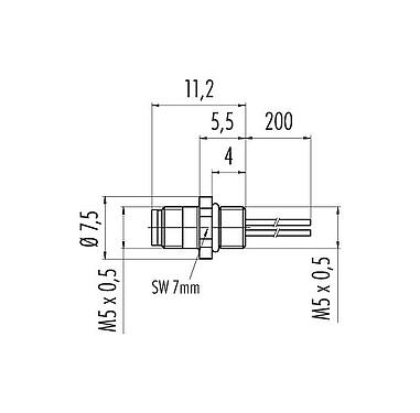 Schaaltekening 09 3105 00 03 - M5 Male panel mount connector, aantal polen: 3, onafgeschermd, draden, IP67