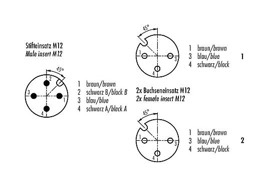 コンタクト配列（接続側） 77 9827 3430 50003-0100 - M12 接続ケーブル  オスアングルデュオコネクタ - 2 メスケーブルコネクタM12x1, 極数: 4/3, 非シールド, モールドケーブル付き, IP67, UL, PUR, 黒, 3x0.34mm², 1m