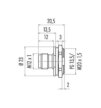 Schaaltekening 86 4531 1002 00004 - M12 Male panel mount connector, aantal polen: 4, onafgeschermd, soldeer, IP67, UL, PG 13,5