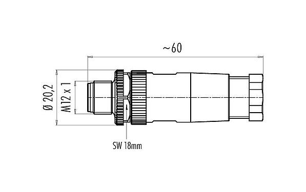 Rysunek z wymiarami 99 0437 15 05 - M12 Męskie złącze kablowe proste, Kontaktów: 5, 4,0-6,0 mm, nieekranowany, zacisk śrubowy, IP67, UL