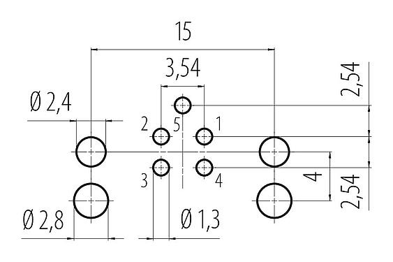 Layout dos condutores 99 3441 202 05 - M12 Bujão flangeado, angular, Contatos: 5, desprotegido, THR, IP68, UL, para montagem de placas de circuito impresso