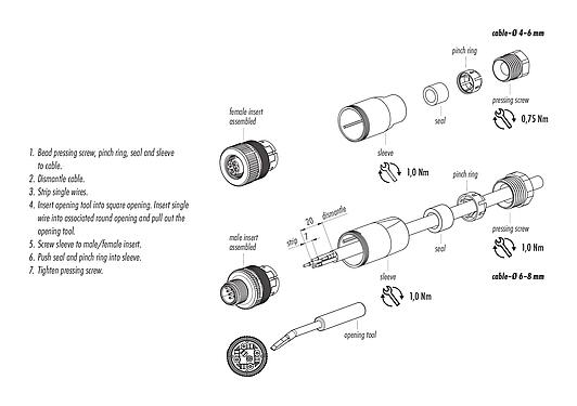 Instrução de montagem 99 0537 12 05 - M12 Plugue de cabo, Contatos: 5, 6,0-8,0 mm, desprotegido, braçadeira de arame, IP67