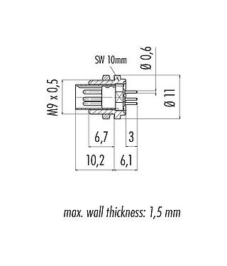 Scale drawing 09 0077 20 03 - M9 Male panel mount connector, Contacts: 3, unshielded, THT, IP40