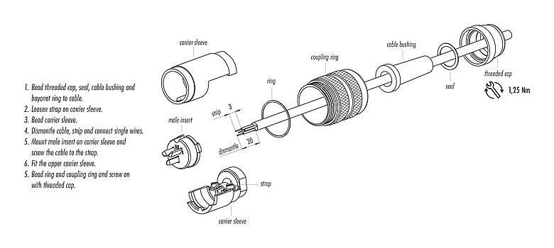 Instrução de montagem 09 0033 00 03 - M25 Plugue de cabo, Contatos: 3, 5,0-8,0 mm, blindável, solda, IP40
