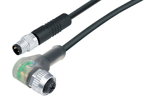 Ilustración 77 3634 3405 50004-0200 - M8 Conector de cable macho - conector hembra en ángulo M12x1, Número de contactos: 4, sin blindaje, moldeado en el cable, IP67, PUR, negro, 4 x 0,25 mm², con LED PNP, 2 m