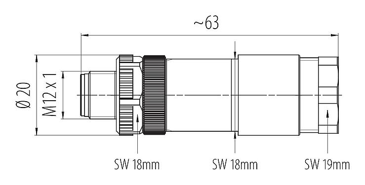 Rysunek z wymiarami 99 0437 142 05 - M12 Męskie złącze dwu kablowe proste, Kontaktów: 5, 2 x Kabel Ø 2,1-3,0 mm lub Ø 4,0-5,0 mm, nieekranowany, zacisk śrubowy, IP67, UL