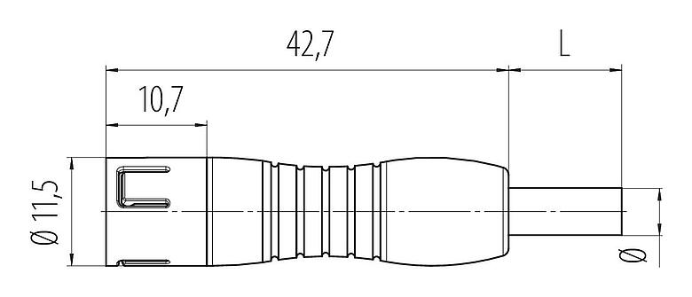 Rysunek z wymiarami 77 7405 0000 50003-0200 - Zatrzask Męskie złącze kablowe proste, Kontaktów: 3, nieekranowany, formowane wtryskowo na kablu, IP67, PUR, czarny, 3 x 0,25 mm², 2 m