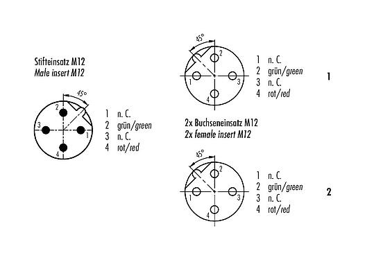 コンタクト配列（接続側） 77 9853 4330 60702-0200 - M12 デュオプラグ - 2ケーブルソケットM12x1, 極数: 2, シールド, モールドケーブル付き, IP65, Profibus, PUR, パープル, 2x0.25mm², 2m
