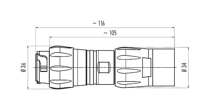 Desenho da escala 99 6501 100 08 - Baioneta Plugue de cabo, Contatos: 4+3+PE, 7,0-17,0 mm, desprotegido, crimpado (os contactos de crimpdevem ser encomendados separadamente), IP68/IP69K, UL, VDE