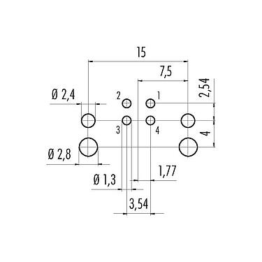 Layout dos condutores 99 3431 202 04 - M12 Bujão flangeado, angular, Contatos: 4, desprotegido, THR, IP68, UL, para montagem de placas de circuito impresso, modelo de duas peças
