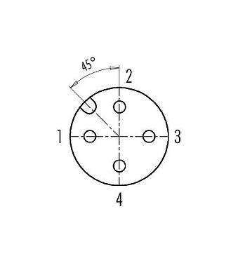 Расположение контактов (со стороны подключения) 99 0530 52 04 - M12 Угловая розетка, Количество полюсов: 4, 6,0-8,0 мм, не экранированный, обжим (обжимные контакты заказываются отдельно), IP67, UL