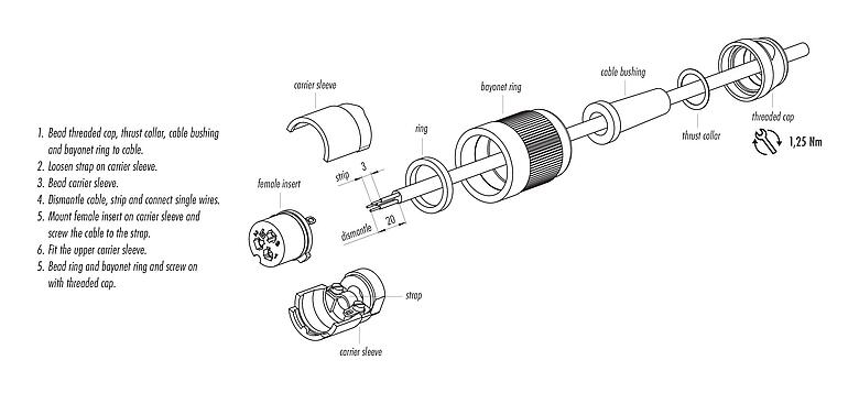 Instrucción de montaje 09 0064 00 07 - Bayoneta Conector de cable hembra, Número de contactos: 7, 5,0-8,0 mm, blindable, soldadura, IP40