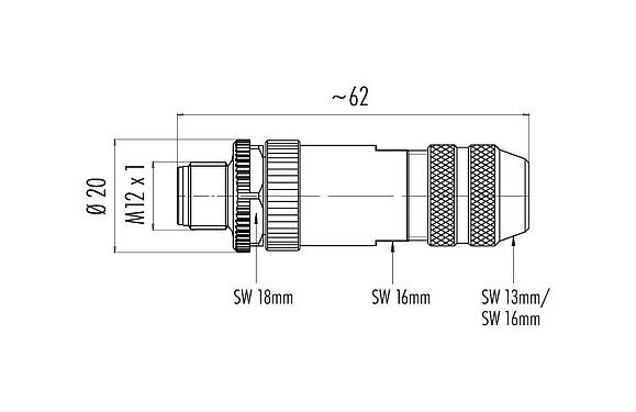Desenho da escala 99 1429 810 04 - M12 Plugue de cabo, Contatos: 4, 6,0-8,0 mm, blindável, pinça de parafuso, IP67, UL