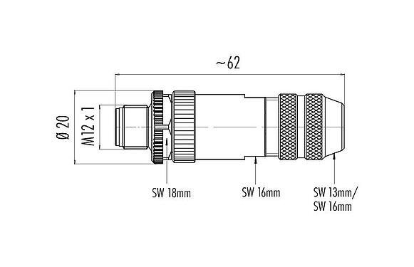Desenho da escala 99 3729 810 04 - M12 Plugue de cabo, Contatos: 4, 6,0-8,0 mm, blindável, pinça de parafuso, IP67, UL
