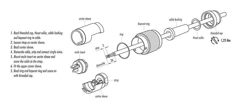 Instrucción de montaje 09 0055 00 03 - Bayoneta Conector de cable macho, Número de contactos: 3, 5,0-8,0 mm, blindable, soldadura, IP40