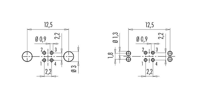 Leiterplattenlayout M9 Flanschdose, Polzahl: 4, schirmbar, THT, IP67, M12x0,5, Rückwandmontage, vergossen