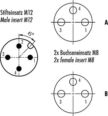 Disposition des contacts (Côté plug-in) M12/M8 Répartiteur double, Y-distributeur, mâle - 2 femelle, Contacts: 4/3, non blindé, enfichable, IP68, UL 2238