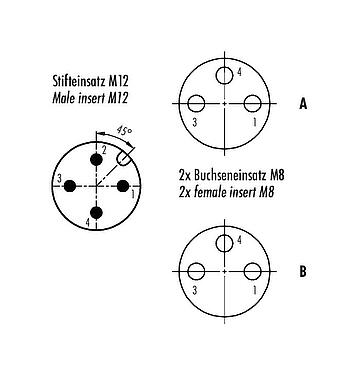 Contact arrangement (Plug-in side) M12/M8 Twin distributors Y-distributor, male connector - 2 female connector, Contacts: 4/3, unshielded, pluggable, IP68, UL 2238, with LED PNP