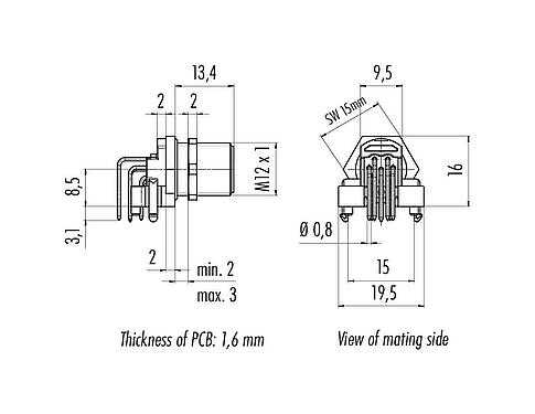Scale drawing M12 Male angled panel mount connector, Contacts: 8, shieldable, THR, IP68, UL 2238, Rear mounting, for PCB assembly