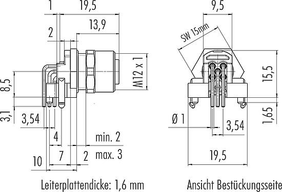 Maßzeichnung M12 Flanschdose, Polzahl: 5, schirmbar, THR, IP68, UL 2238, M12x1,0, Rückwandmontage