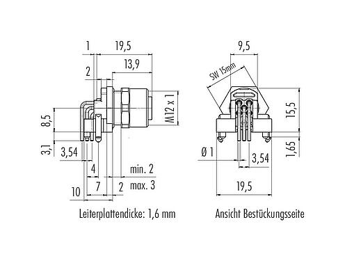 Maßzeichnung M12 Flanschdose, Polzahl: 5, schirmbar, THR, IP68, UL 2238, M12x1,0, Rückwandmontage