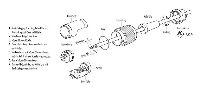 Montageanleitung Bajonett Kabelstecker, Polzahl: 12, 5,0-8,0 mm, schirmbar, löten, IP40
