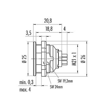 Dessin coté 09 4832 00 08 - Push Pull Embase femelle, Contacts: 8, blindable, souder, IP67, M21x1,0, Montage frontal