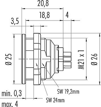 Dessin coté Push Pull Embase femelle, Contacts: 8, blindable, souder, IP67, M21x1,0, Montage frontal