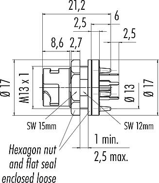縮尺図 バヨネット メスパネルマウントコネクタ, 極数: 5, 非シールド, THT, 非嵌合時IP54, M13x1,0, 背面パネルマウント