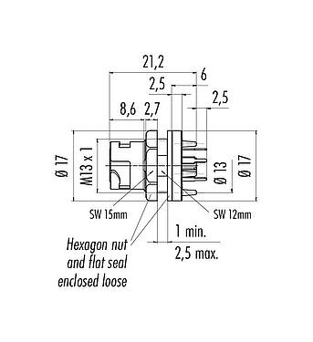 Disegno in scala 09 0762 190 05 - Baionetta Connettore femmina a flangia, Numero poli: 5, non schermato, THT, IP54 scollegato, montaggio anteriore