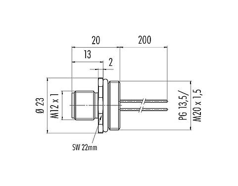 Dibujo a escala M12 Enchufe de brida, Número de contactos: 5, sin blindaje, hilos, IP68, UL 2238, PG 13,5, Montaje frontal, moldeado