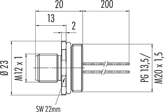 Disegno in scala M12 Connettore maschio a flangia, Numero poli: 4, non schermato, fili singoli, IP68, UL 2238, M20x1,5, Montaggio anteriore, modellato