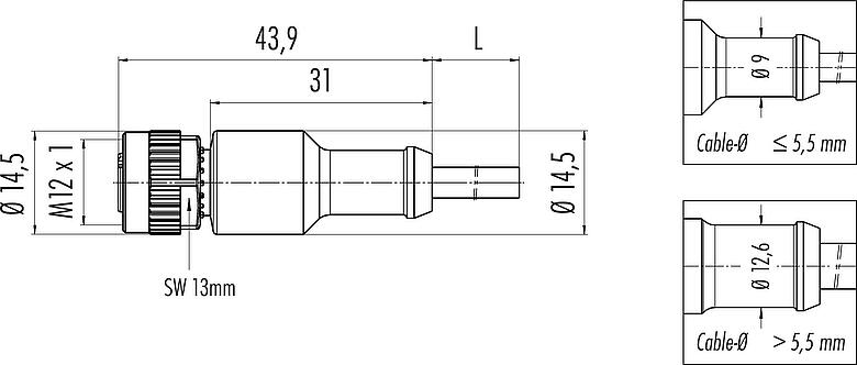 Scale drawing M12 Female cable connector, Contacts: 4, unshielded, moulded on the cable, IP68/IP69K, UL 2238, PVC, grey, 4 x 0.34 mm², 2 m