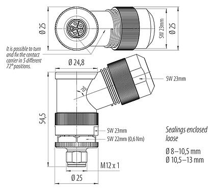 Dessin coté M12 Connecteur mâle coudé, Contacts: 4+PE, 8,0-13,0 mm, non blindé, pince à visser, IP67, UL 2238