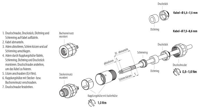 Montageanleitung M12 Kabeldose, Polzahl: 4, 5,5-8,6 mm, schirmbar, schraubklemm, IP68/IP69K, UL 2238, Ecolab, Edelstahl, mit Schirmring