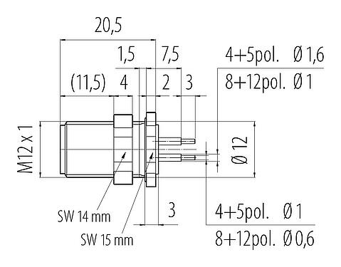 Skalritning 86 1031 1100 00004 - M12 Flänsplugg, antal poler: 4, oskärmad, THT, IP68, UL 2238, M12x1,0, Bakre väggmontering