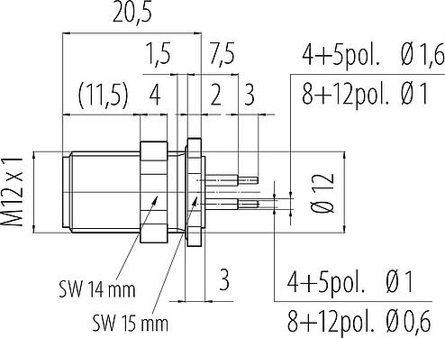 Scale drawing M12 Male panel mount connector, Contacts: 5, unshielded, THT, IP68, UL 2238, M12x1.0, Rear mounting, potted