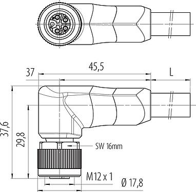 Dessin coté M12 Connecteur femelle coudé, Contacts: 4+FE, non blindé, surmoulé sur le câble, IP68, UL 2238, PUR, noir, 5 x 1,50 mm², 2 m
