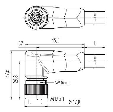 Méretarányos rajz 77 0654 0000 70505-0200 - M12 derékszögű aljzat, : 4+FE, árnyékolatlan, kábelre öntött, IP68, UL 2238, PUR, fekete, 5 x 1,50 mm², 2 m