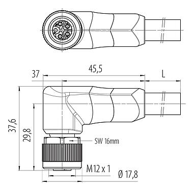 Scale drawing 77 0654 0000 50505-0500 - M12 Female angled connector, Contacts: 4+FE, unshielded, moulded on the cable, IP68, PUR, black, 5 x 2.50 mm², UL in preparation, 5 m