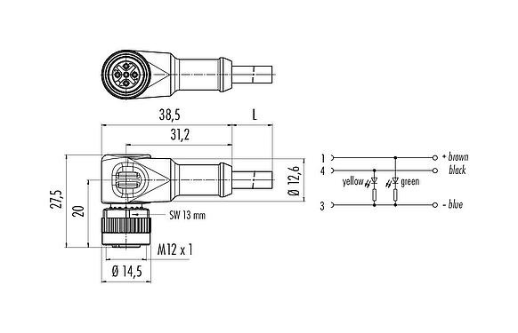 Scale drawing M12 Female angled connector, Contacts: 3, unshielded, moulded on the cable, IP68/IP69K, UL 2238, PVC, grey, 3 x 0.34 mm², with LED PNP, 5 m