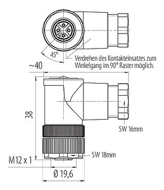 Maßzeichnung M12 Winkeldose, Polzahl: 4, 6,0-8,0 mm, ungeschirmt, schraubklemm, IP67, UL 2238