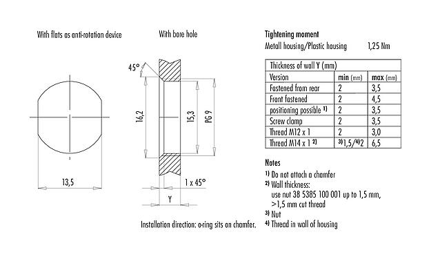 Assembly instructions / Panel cut-out 86 0536 1000 00404 - M12 Female panel mount connector, Contacts: 4, unshielded, THT, IP67, UL, PG 9, front fastened