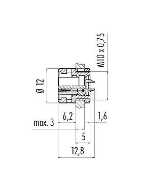 Scale drawing Bayonet Female panel mount connector, Contacts: 2, unshielded, solder, IP40, M10x0.75, Front mounting