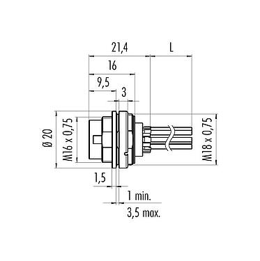 Maßzeichnung 09 0123 702 06 - M16 Flanschstecker, Polzahl: 6 (06-a), ungeschirmt, Litzen, IP67, UL