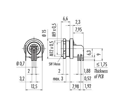 Disegno in scala M9 Connettore femmina a flangia, angolato, Numero poli: 2, schermabile, THT, IP67, Montaggio su panello posteriore, modellato