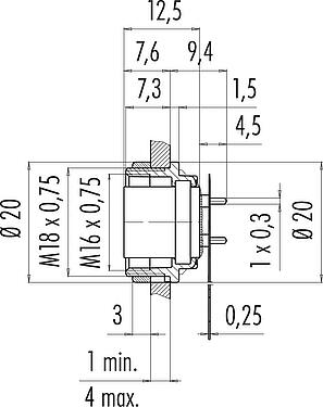 縮尺図 M16 メスパネルマウントコネクタ, 極数: 7 (07-a), 非シールド, THT, IP40, M18x0,75, 背面パネルマウント